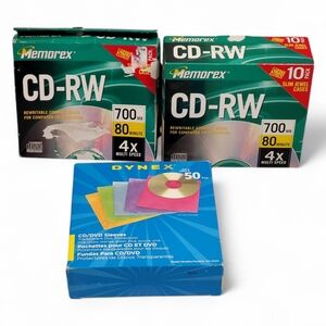 (Lot Of 3) (2) Memorex CD-RW 10 Pack 4x 700mb 80 Min & (1) Dynex 50 Pack Sleeves